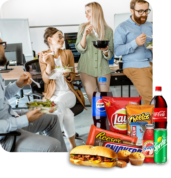Employees eating in an office with micromarket